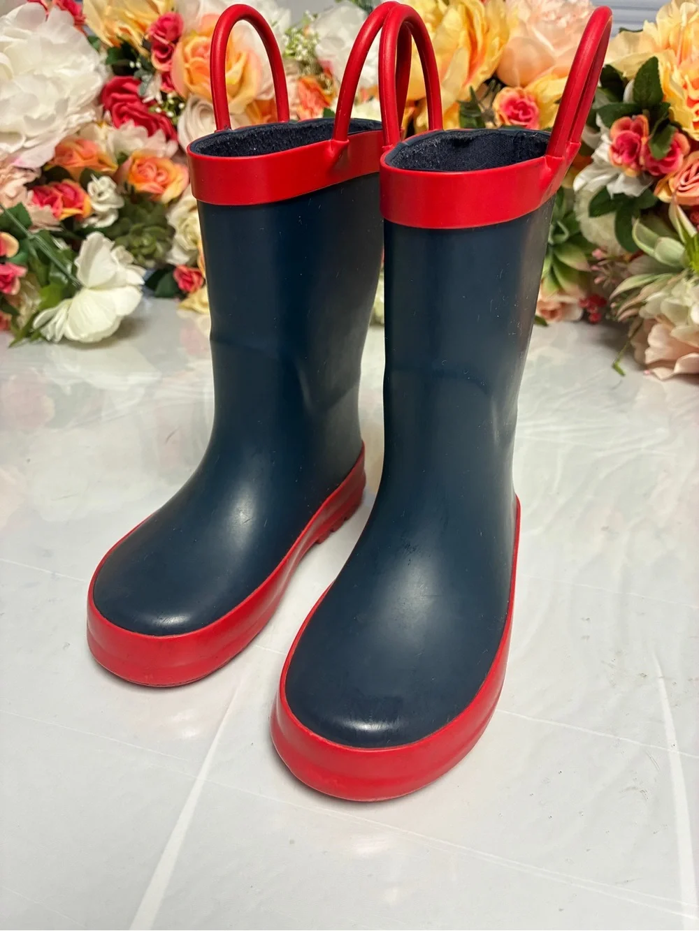 Kids Rain Boots Navy Red Pull Handles Size 7 Mid Calf Round Toe